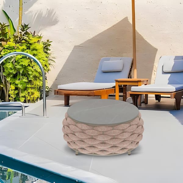 TWT Textilene Outdoor Patio Coffee Table in Pink Aluminum Frame with Rock Slabs Table-Top in Round Shape