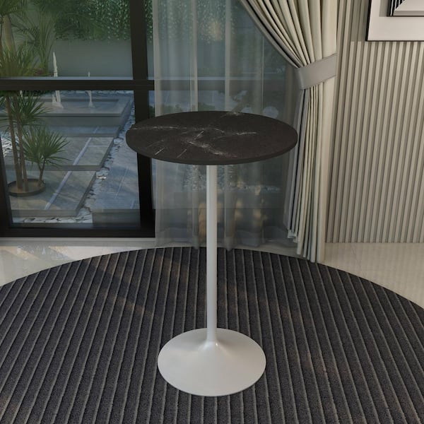 Leisuremod Round 27 in. Bar Height Dining Table with MDF Top and White Steel Pedestal Base Verve Collection in Black Marbleized