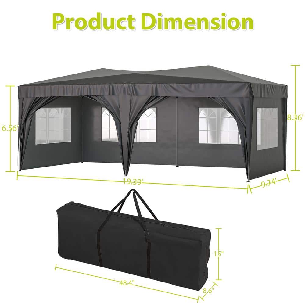 Black 10' x 20' Heavy Duty Pop-Up Canopy Tent with Sidewalls