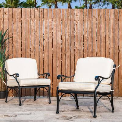 Cushioned Cast Aluminum Outdoor Patio Sofa Dining Chair with Olefin Fabric Beige Cushion