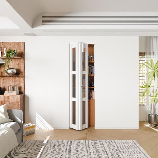 24 in. x 80 in. 3-Lite Clear Glass Solid Core White PVC Covering MDF Bi-Fold Door with Door Lock and Full Accessories