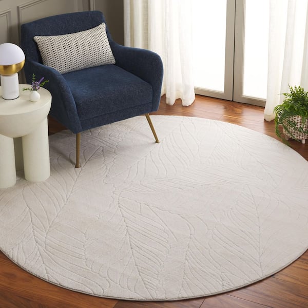 Versailles 6 ft. x 6 ft. Round Ivory Botanical Tropical Leaf Washable Area Rug