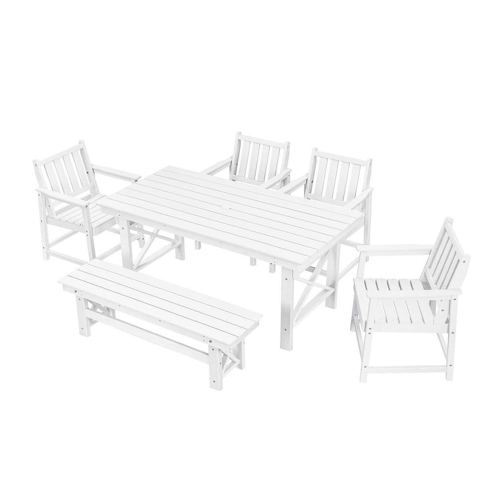 HDPE 6-Piece Plastic Standard Height Outdoor Dining Set With Rectangle Table and Bench in White price history on PriceWatchPro