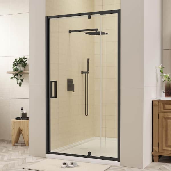 44 to 48 in. W x 72 in. H Framed Pivot Shower Door in Black with Clear Glass