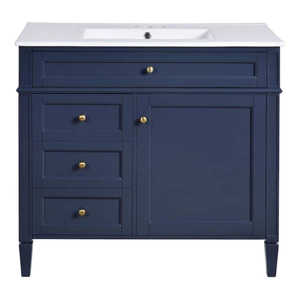 Ziyudura 36 in. Single Sink Freestanding Blue Bath Vanity with White Ceramic Top, Adjustable Shelf, Cabinet Door Organizer