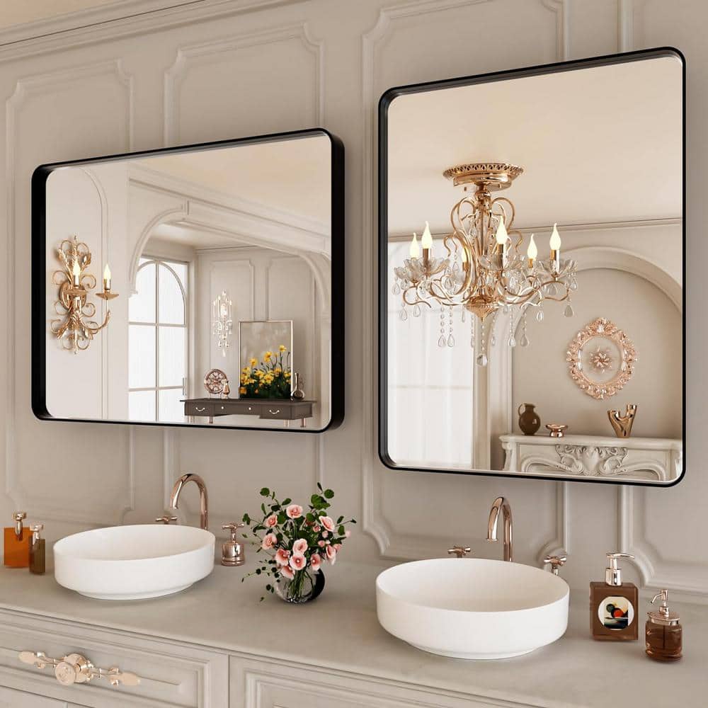 Large Matte Black Rectangular Metal Framed Vanity Mirror