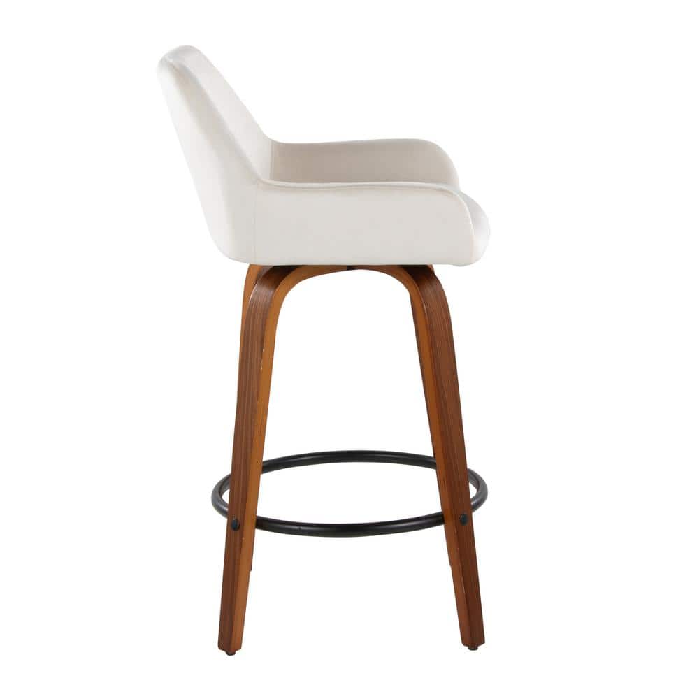 White Upholstered Swivel Counter Stool with Walnut Wood Legs