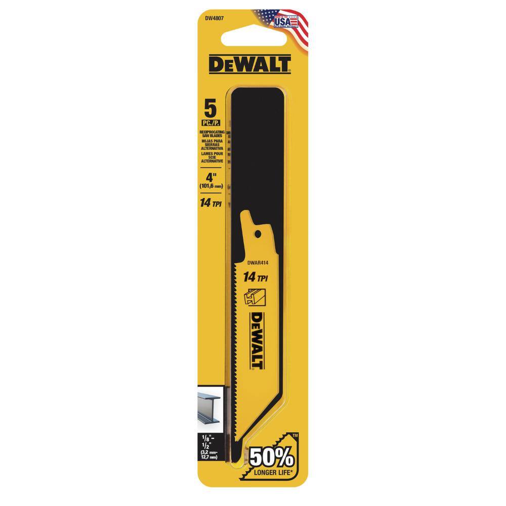 DEWALT 4 in. 14 TPI Straight Back BiMetal Reciprocating Saw Blade (5