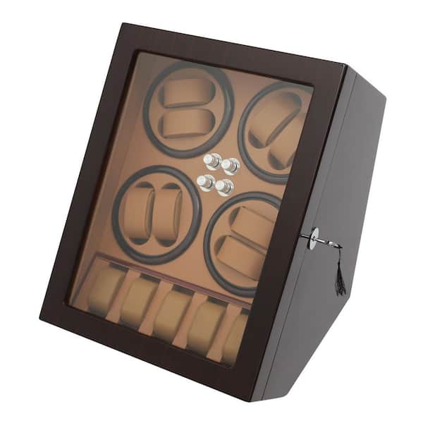 15.8 in. x 12.6 in. x 12.6 in. Dark Brown Wood Watch Storage Box 4 Modes Watch Winder with LED Light and Lock