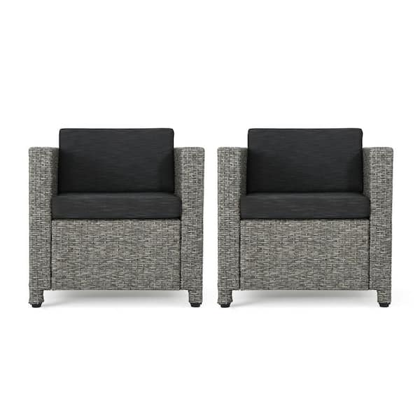 Noble House Cadence Mixed Black 2-Piece Faux Rattan Patio Deep Seating Set with Dark Grey Cushions