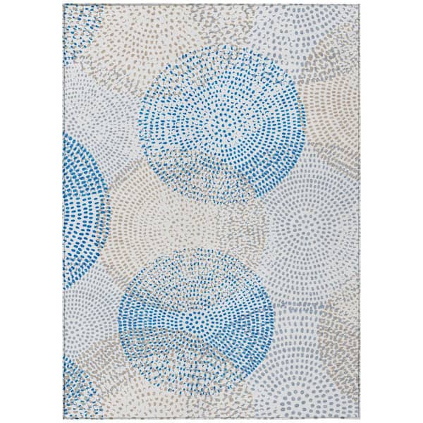 Ivory, Blue, Taupe 10 ft. x 14 ft. Woven Polka Dot Polyester Rectangle Indoor / Outdoor Area Rug
