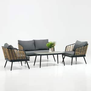 4-Piece PE Rattan Wicker Patio Conversation Set with Cushions in Grey and Tempered Glass Tabletop