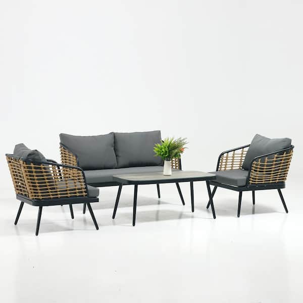 Unbranded 4-Piece PE Rattan Wicker Patio Conversation Set with Cushions in Grey and Tempered Glass Tabletop
