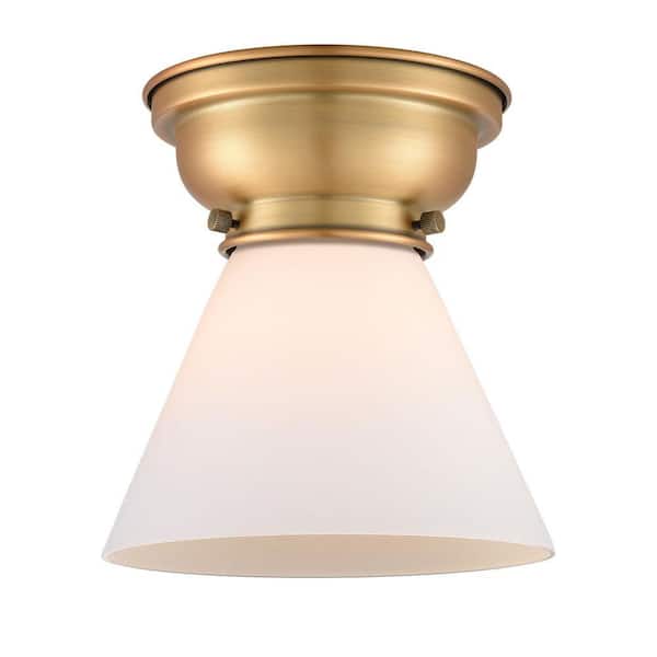 Cone 7.75 in. 1-Light Brushed Brass Industrial Flush Mount with Seeded Glass Shade