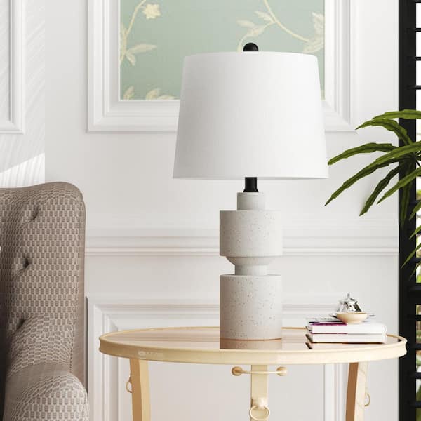 Salem 25 in. Light Beige Resin Table Lamp with White Linen Lampshade.