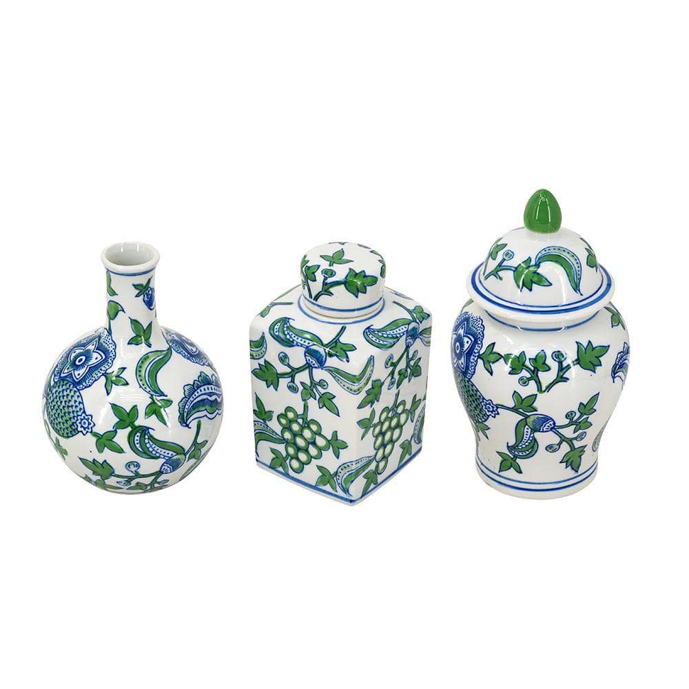 ★asian interior★ ★Glass＆Flower・set Ming Dynasty Designs Multi-Colored Ceramic Ginger Decorative Jar