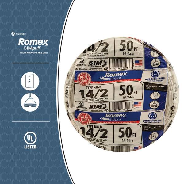 Southwire 50 Ft 14 2 Solid Romex Simpull Cu Nm B W G Wire The Home Depot