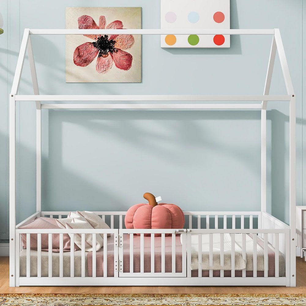 White Metal Frame Full Platform Bed with Fence and Door
