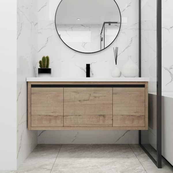 ANGELES HOME 48 in. W x 18 in. D x 20.5 in. H Float Mounting Bath Vanity in Imitative Oak with White Resin Top,Single Sink,Soft Close