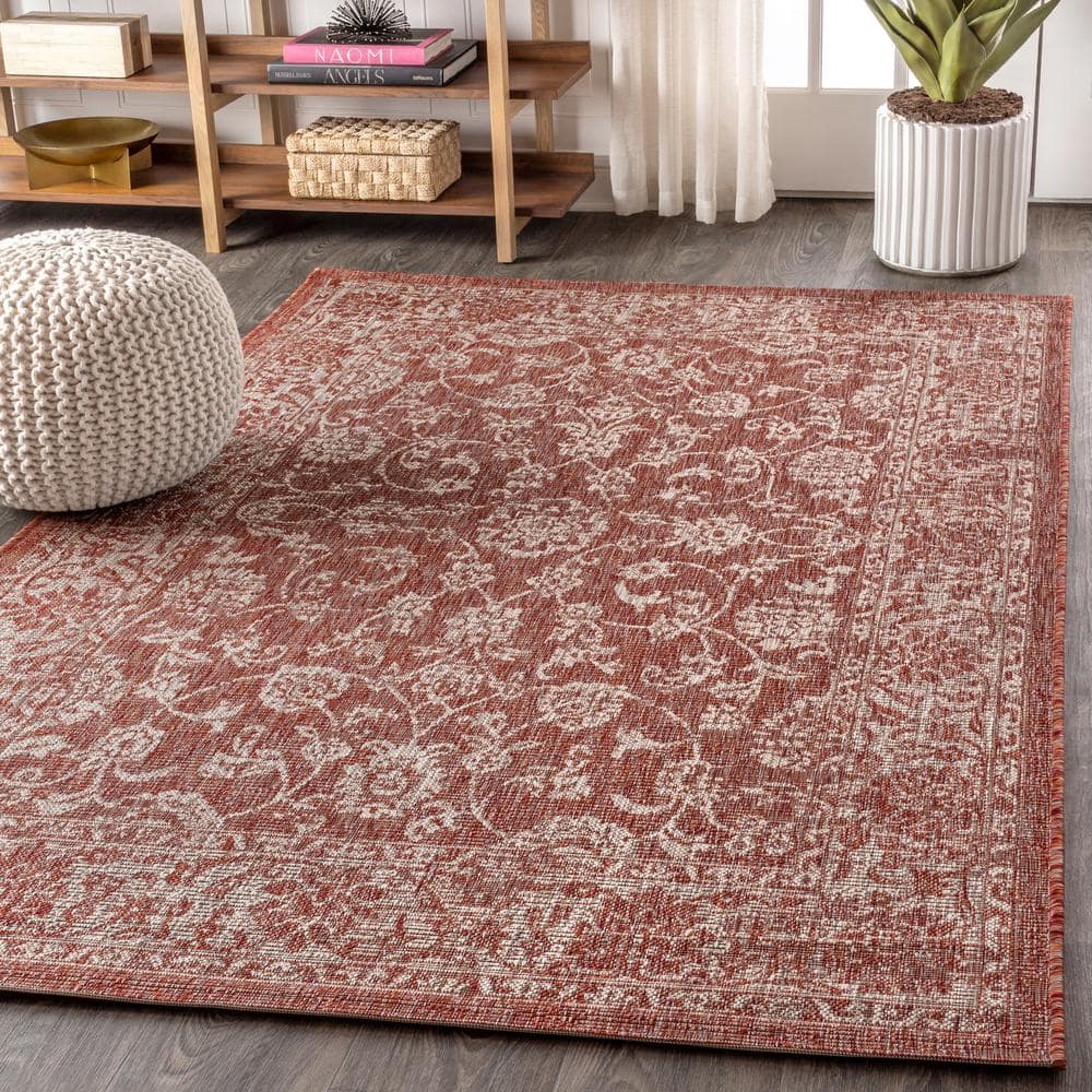 Red and Taupe Floral Synthetic 5' x 8' Reversible Rug