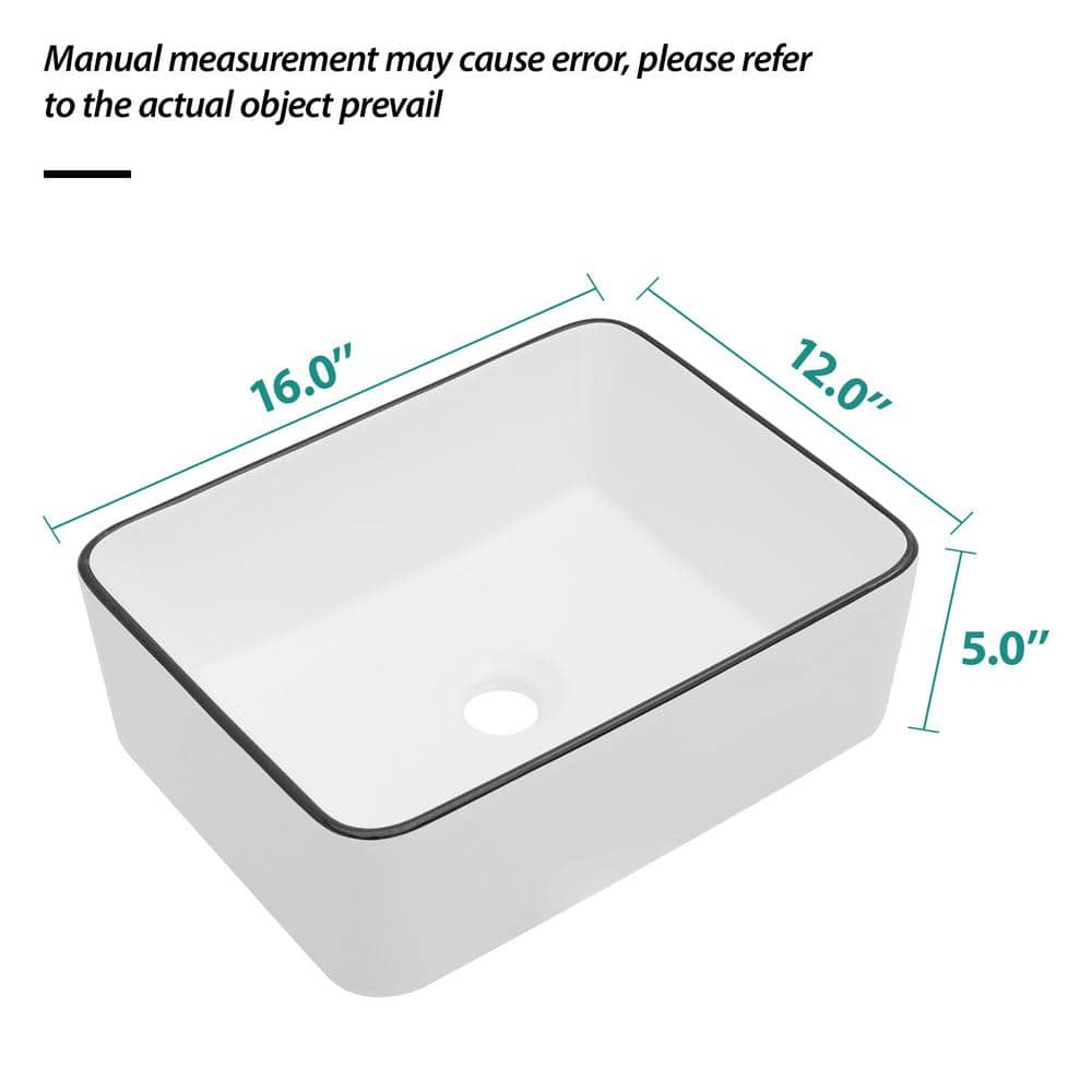 16x12 Inch White Ceramic Rectangular Vessel Bathroom Sink