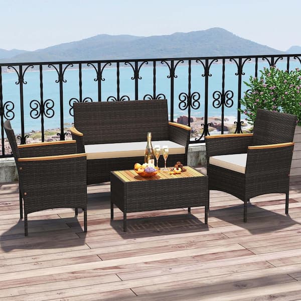 4-Piece Wicker Patio Conversation Set Coffee Table Acacia Wood Armrests & Tabletop with Beige Cushions