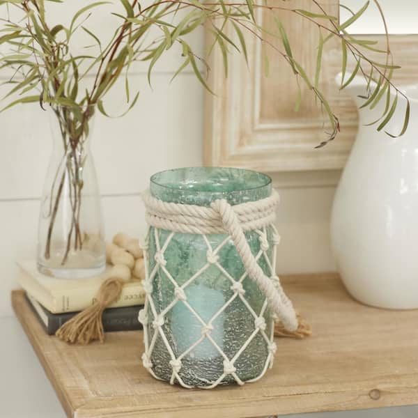Litton Lane 16 in. Blue Glass Decorative Candle Lantern with Rope Handle
