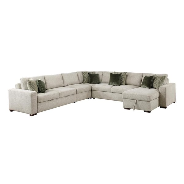 Deleon 140 in. Straight Arm 5-Piece Microfiber Sectional Sofa with Reversible Chaise and Pull-out Bed in Sand