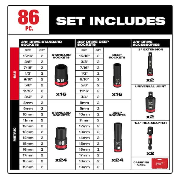 Milwaukee 49-66-7009-49-66-7009 SHOCKWAVE 3/8 in. Drive SAE and Metric 6 Point Impact Socket Set (86-Piece) - 3