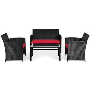 4-Piece Rattan Outdoor Conversation Set Patio Furniture Set with Red Cushions