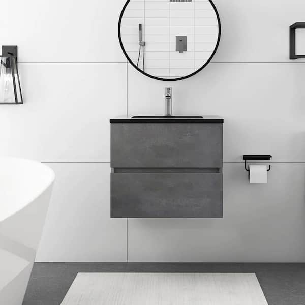Boosicavelly 24 in. W x 19 in. D x 21 in. H Single Sink Plywood Wall-Mounted Bath Vanity in Cement Grey with Black Quartz Top