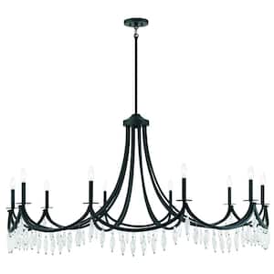 Kameron 60 in. W x 32 in. H 10-Light Matte Black Chandelier with Curved Arms and Spiraling Crystals