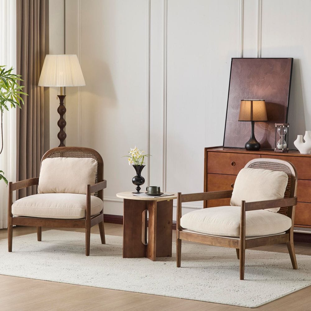 Susan Indoor Light Brown Solid Wood Accent Chair with Rattan Back Beige Striped Fabric Upholstered Arm Chair, (Set of 2)