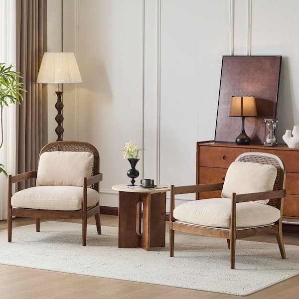 Susan Indoor Light Brown Solid Wood Accent Chair with Rattan Back Beige Striped Fabric Upholstered Arm Chair, (Set of 2)