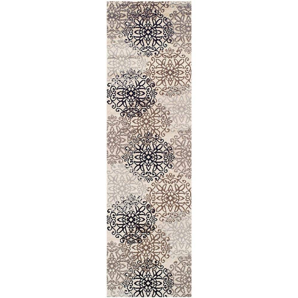 HomeRoots 12 ft. Tan Gray and Black Floral Medallion Stain Resistant ...