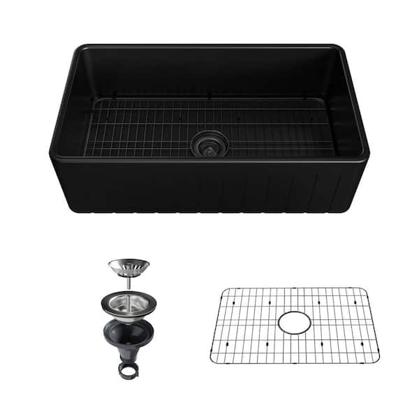 VANITYFUS 33 in. Undermount Farmhouse Single Bowl Black Fine Fireclay Double-sided Installation Kitchen Sink Whth Accessories