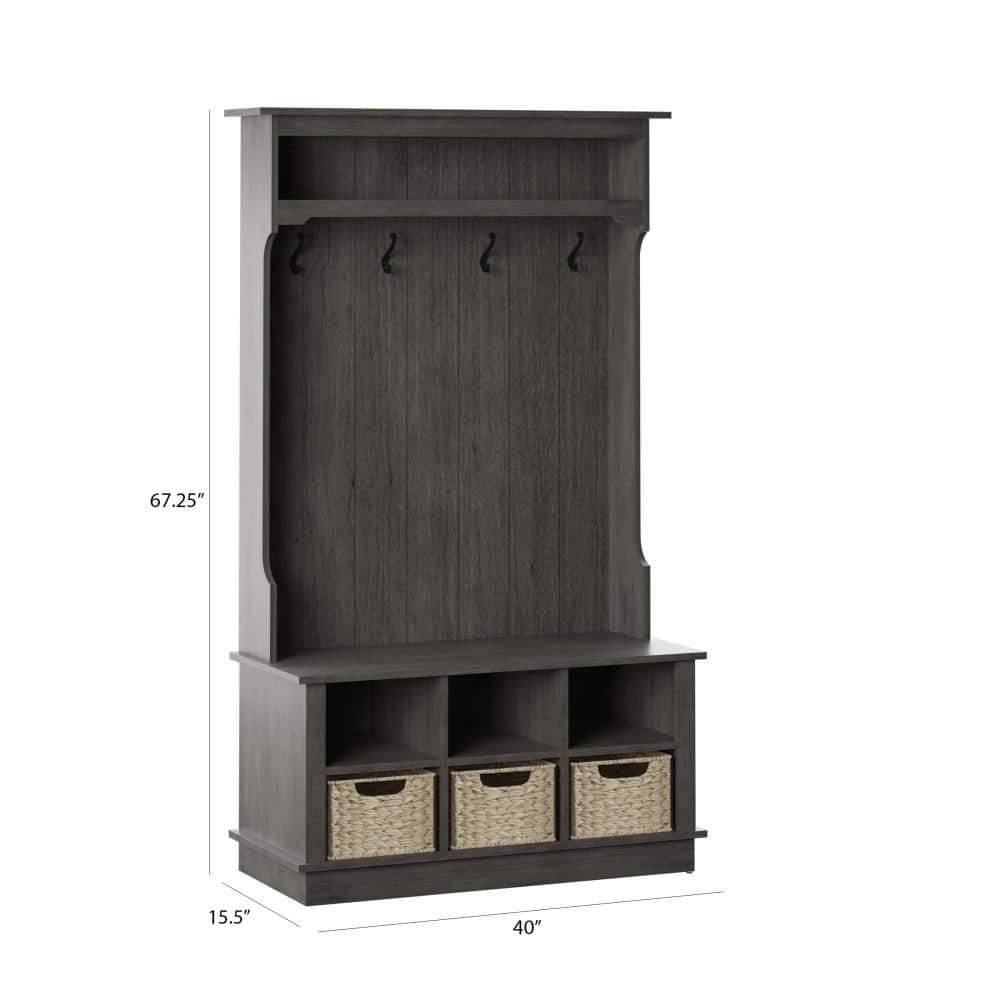 Weathered Gray Hall Tree with Woven Basket Storage
