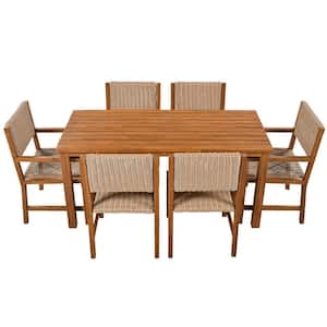 7-Piece Brown Acacia Wood and Rattan Outdoor Dining Table and Chairs Set for Patio and Balcony