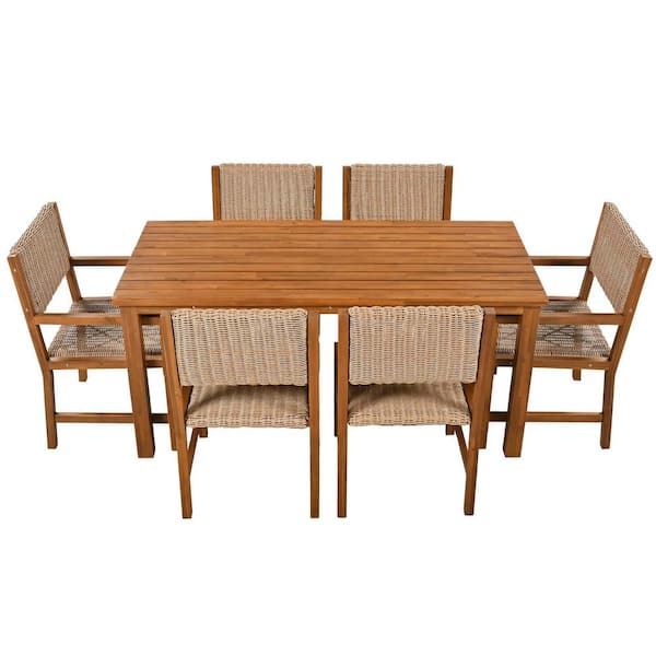 Tunearary 7-Piece Brown Acacia Wood and Rattan Outdoor Dining Table and Chairs Set for Patio and Balcony