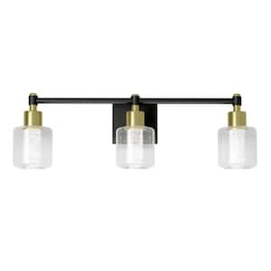 Champagne Globe 26 in. 3 Light Black and Gold Modern Integrated LED Vanity Light Bar for Bathroom with Bubble Glass