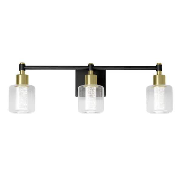 Champagne Globe 26 in. 3 Light Black & Gold Modern Integrated LED 5 CCT Vanity Light Bar for Bathroom with Bubble Glass