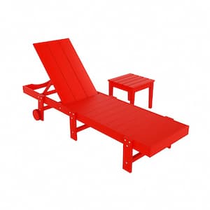 Shoreside 2-Piece Modern Plastic Outdoor Reclining Chaise Lounge With Wheels and Side Table in Red