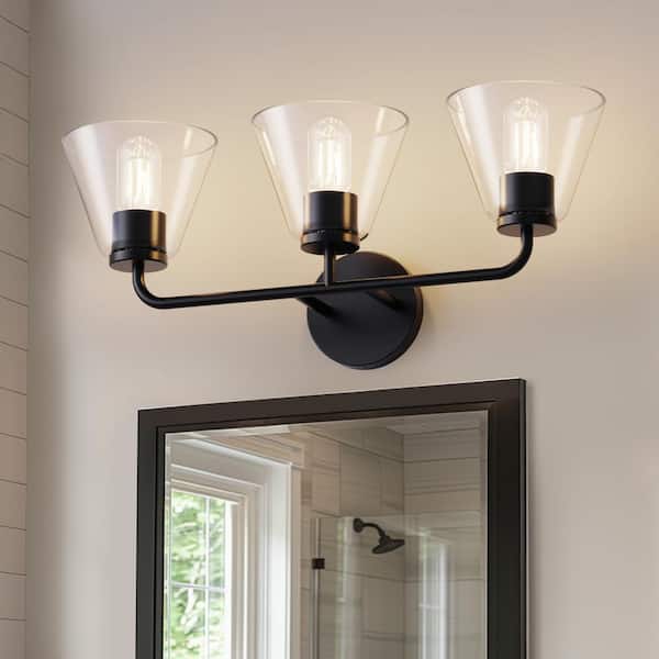 YANSUN 23 in. 3-Light Black Cone Vanity Light with Glass Shades for Bathroom, Mirror, Vanity Area