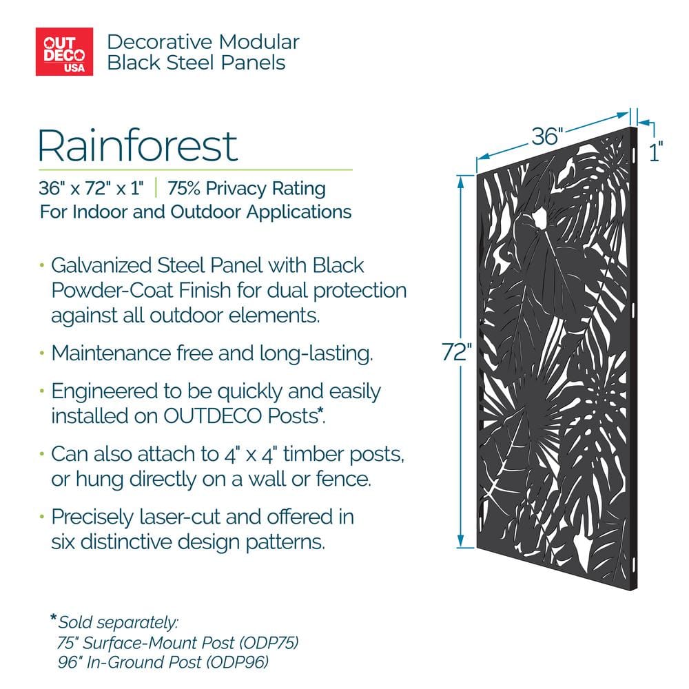 Rainforest Black Galvanized Steel Decorative Privacy Panel, 3' x 6'