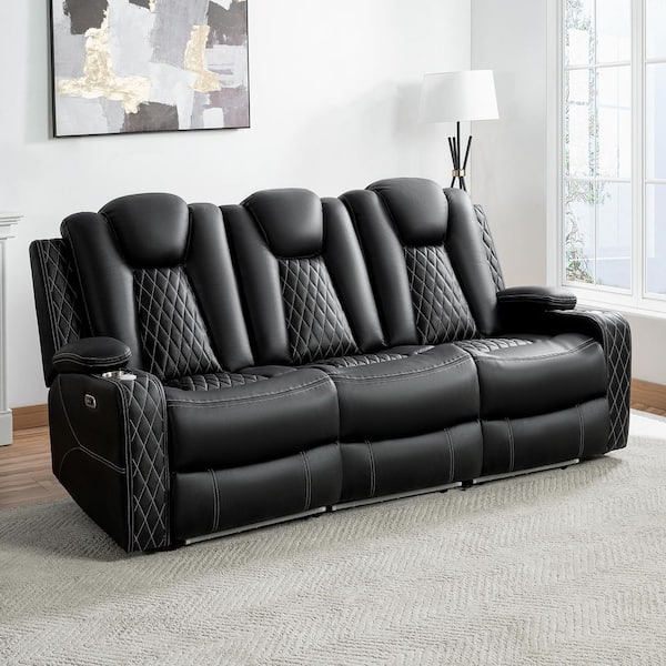 HOMESTOCK Home Theatre Collection 84.25 in. in Round Arm Faux Leather Modular Adjustable Headrests and Speakers Sofa in Black