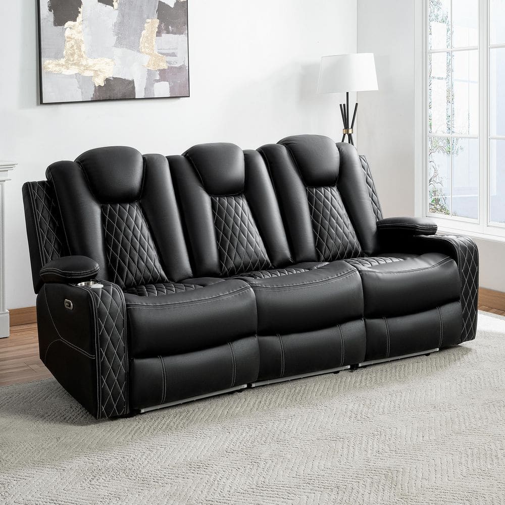 Audio Modular Sofas MAYKOOSH 84.25 in. in Round Arm L-Shaped Faux Leather Modular ...