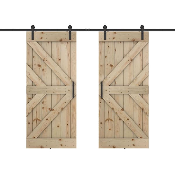 Dessliy Double KR 48 in. x 84 in. Unfinished Pine Wood Sliding Barn Door with Hardware Kit (DIY)