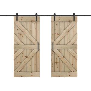 Double KR 56 in. x 84 in. Fully Set Up Unfinished Pine Wood Sliding Barn Door with Hardware Kit
