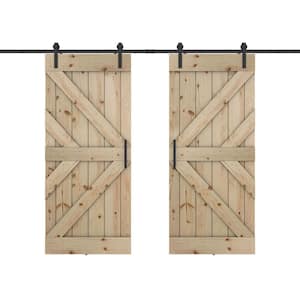 Double KR 60 in. x 84 in. Fully Set Up Unfinished Pine Wood Sliding Barn Door with Hardware Kit