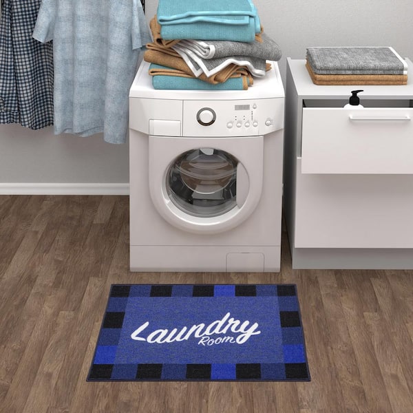 Ottomanson Laundry Non-Slip Rubberback Checkered Border 2x3 Laundry Room Area Rug/Entryway Mat, 26 inch x 35 inch, Blue